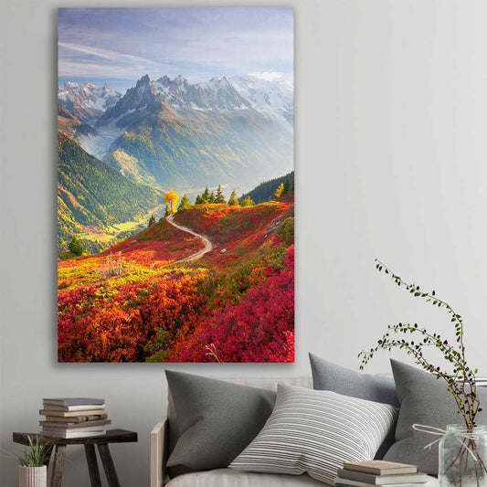 Floral print of Mont Blanc Autumn Valley on a stretched canvas displayed in a room