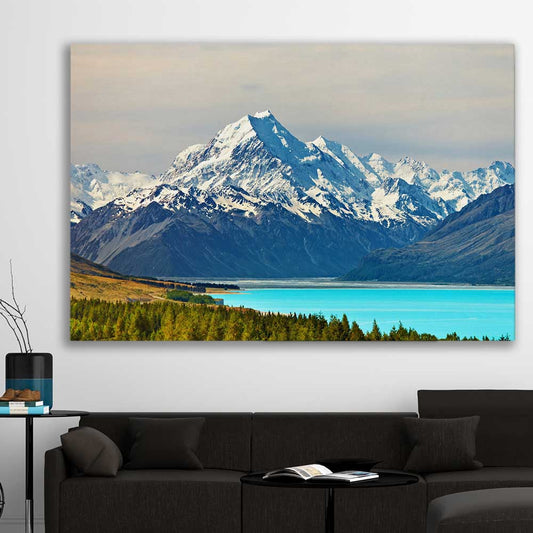 Floral print of Mount Cook Lake Tekapo on a stretched canvas displayed in a room