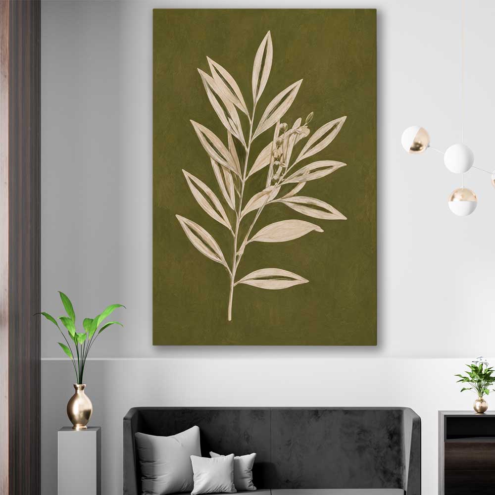 Floral print of Olive Branch on a stretched canvas displayed in a room
