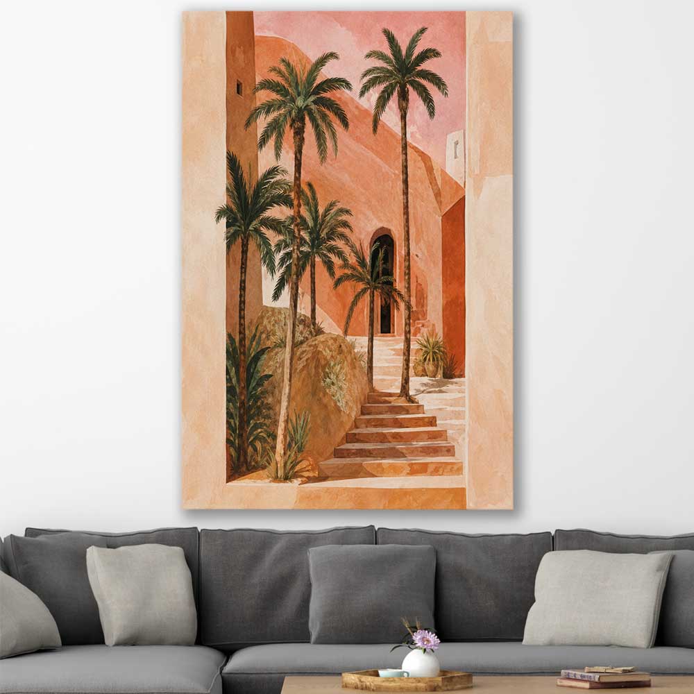 Floral print of Palm House on a stretched canvas displayed in a room