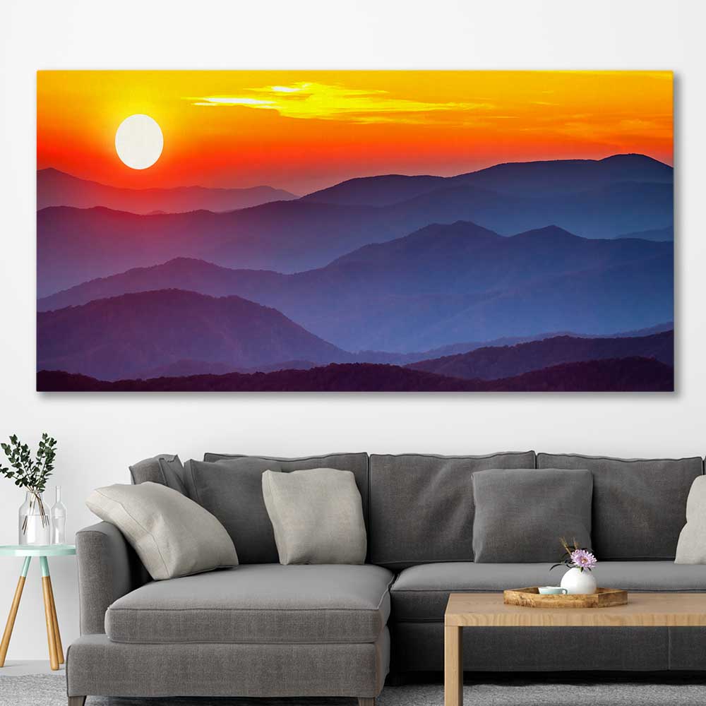 Floral print of Smoky Mountains Sunset on a stretched canvas displayed in a room