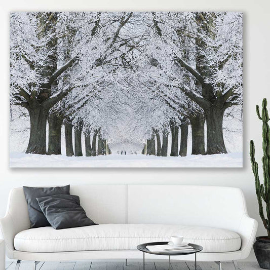 Floral print of Winter Tree Avenue on a stretched canvas displayed in a room