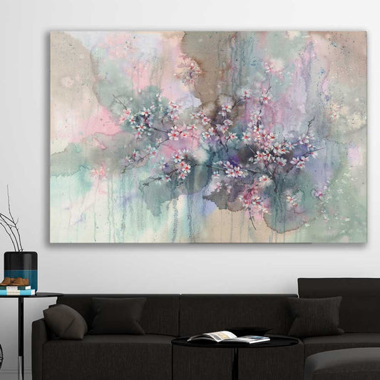 Floral print of Beautiful Sakura Flowers on a stretched canvas displayed in a room