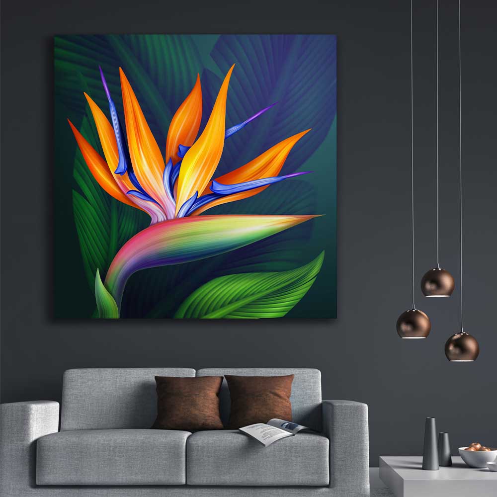 Floral print of Bird of Paradise Illustration on a stretched canvas displayed in a room