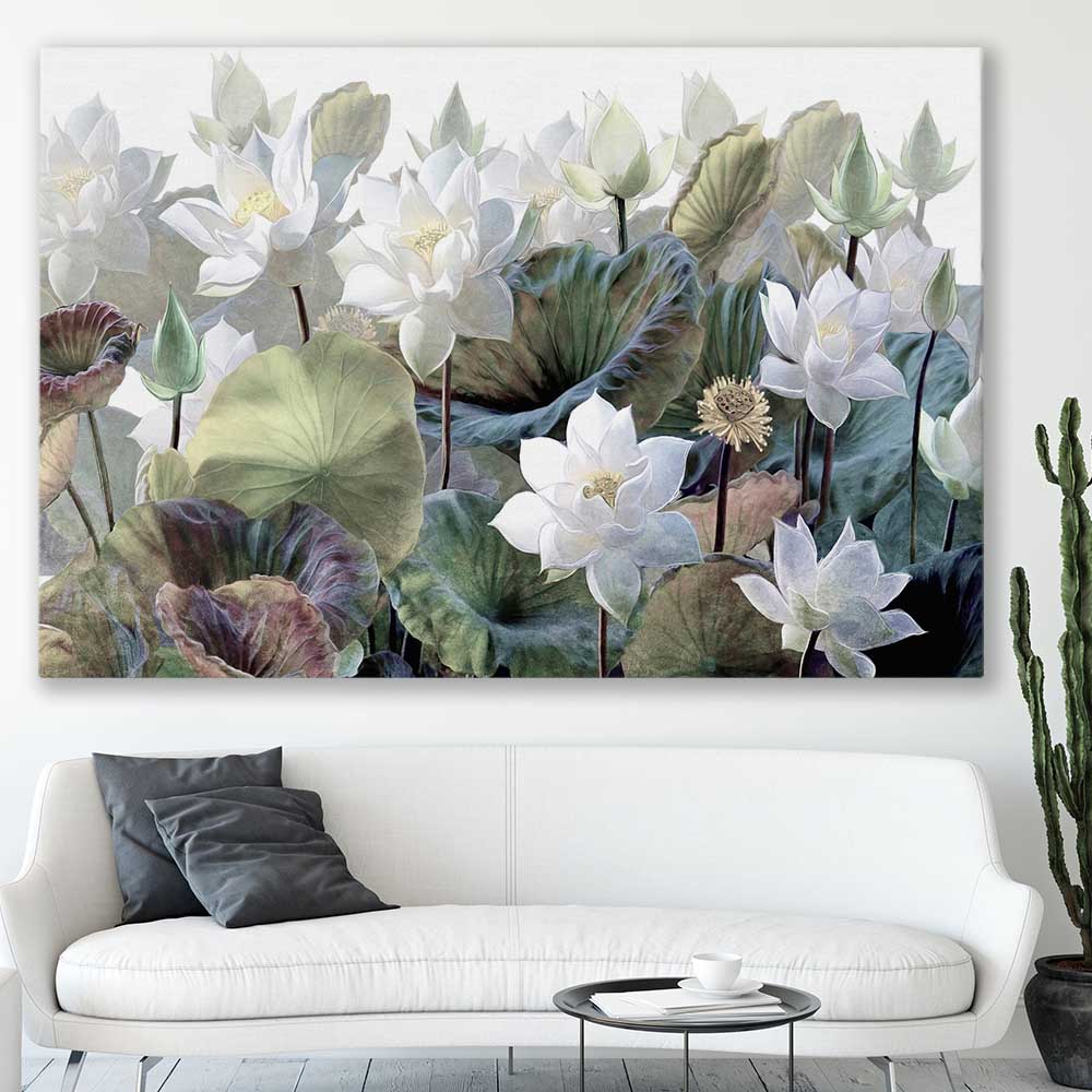 Floral print of Blooming Lotus Flowers on a stretched canvas displayed in a room