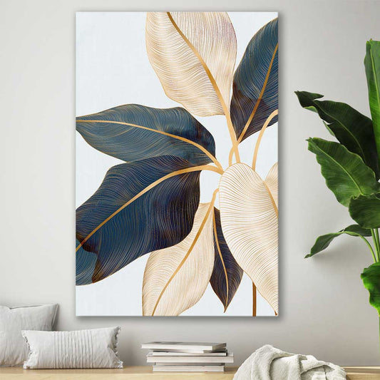Floral print of Botanic Blue Three on a stretched canvas displayed in a room