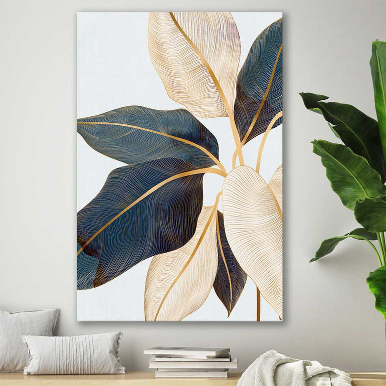 Floral print of Botanic Blue Three on a stretched canvas displayed in a room