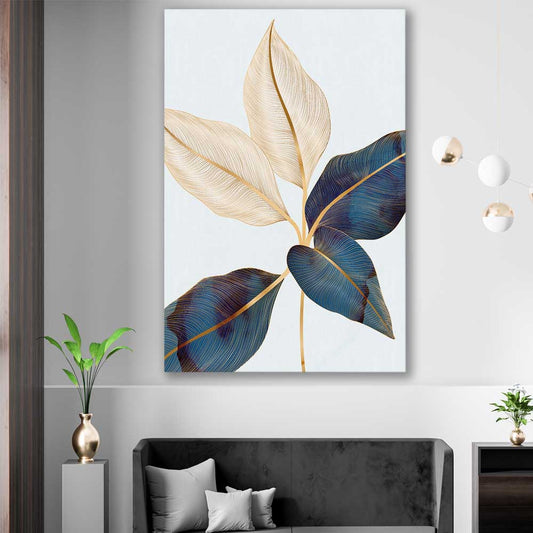 Floral print of Botanic Blue Two on a stretched canvas displayed in a room