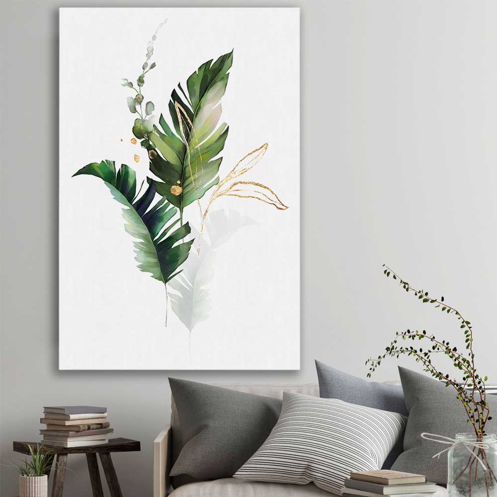 Floral print of Botanic Gold One on a stretched canvas displayed in a room