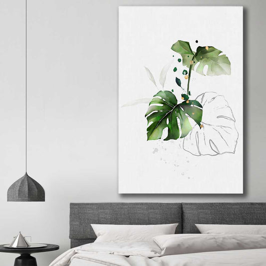 Floral print of Botanic Gold Three on a stretched canvas displayed in a room
