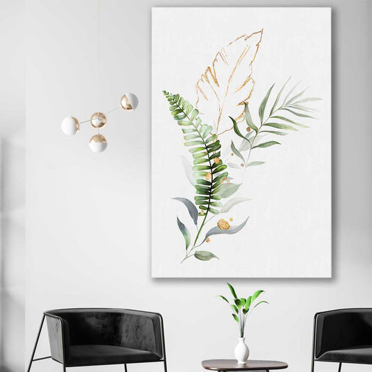 Floral print of Botanic Gold Two on a stretched canvas displayed in a room
