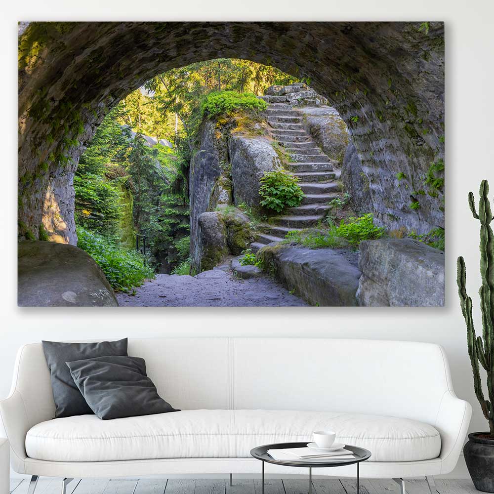 Floral print of Broumovske Steny Arch on a stretched canvas displayed in a room