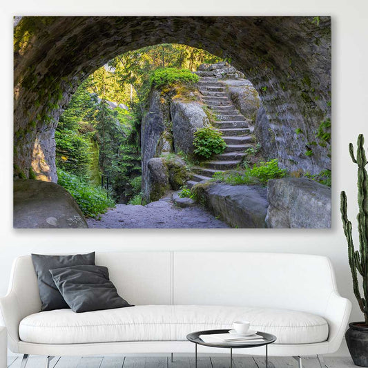 Floral print of Broumovske Steny Arch on a stretched canvas displayed in a room