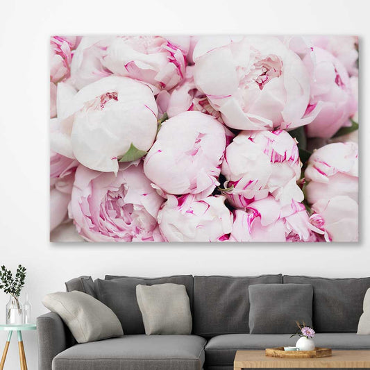 Floral print of Delicate Peonies on a stretched canvas displayed in a room