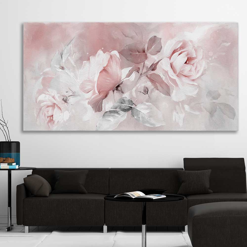 Floral print of Delicate Pink Rose on a stretched canvas displayed in a room