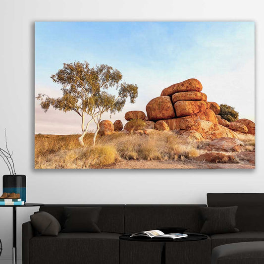 Floral print of Devils Marbles on a stretched canvas displayed in a room