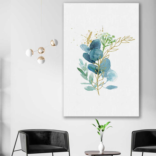Floral print of Eucalyptus Bunch One on a stretched canvas displayed in a room