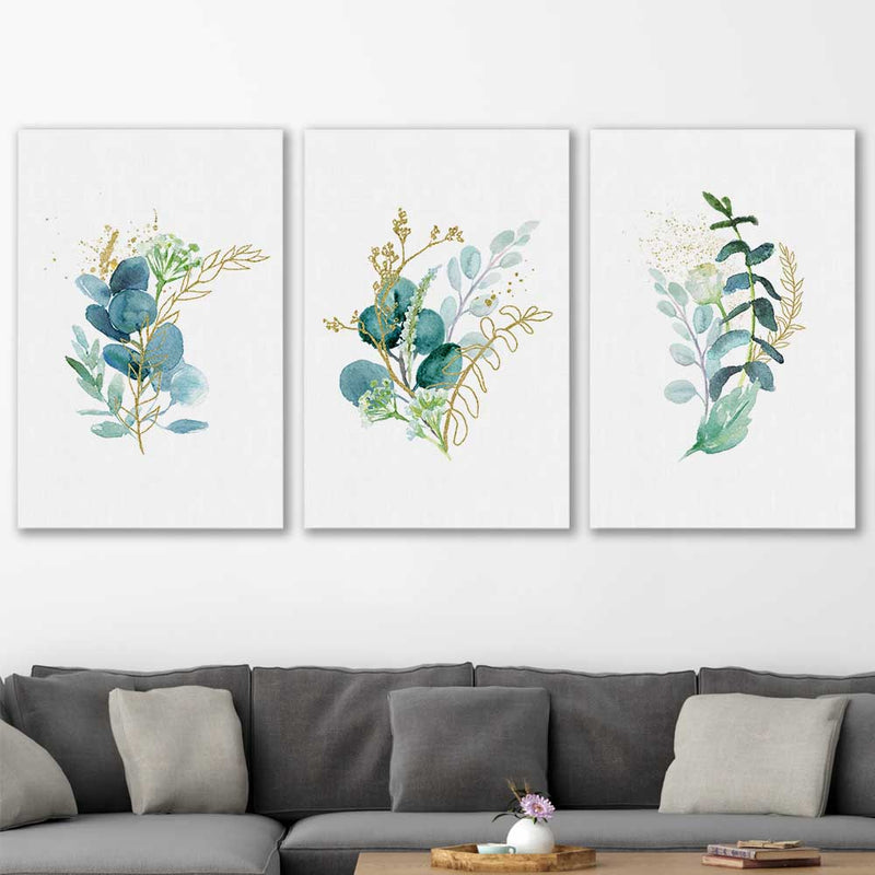 Floral print of Eucalyptus Bunch Set on a stretched canvas displayed in a roomcanvas in a styled room