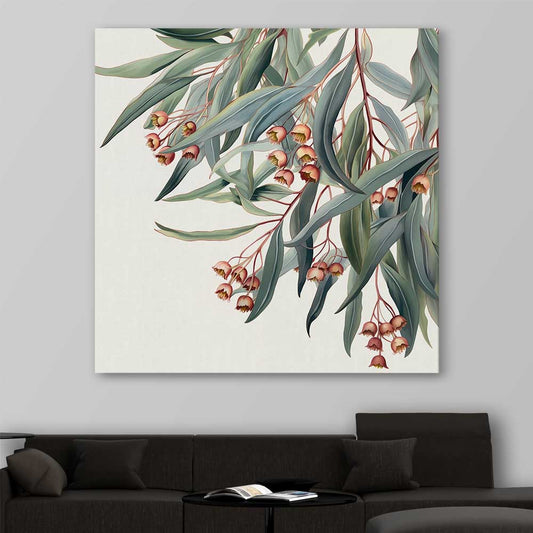 Floral print of Eucalyptus Illustration on a stretched canvas displayed in a room