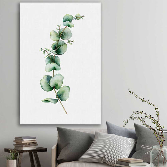 Floral print of Eucalyptus One on a stretched canvas displayed in a room