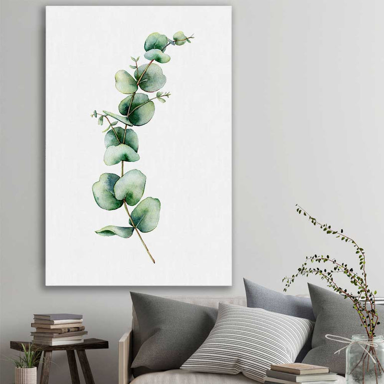 Floral print of Eucalyptus One on a stretched canvas displayed in a room