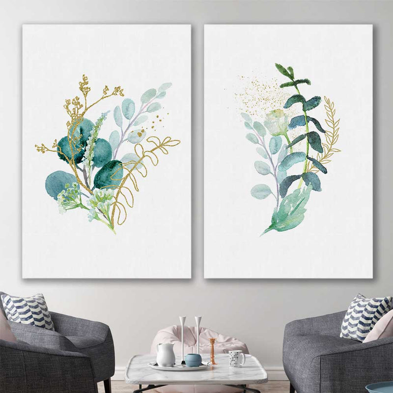Floral print of Eucalyptus Pair Two on a stretched canvas displayed in a roomcanvas in a styled room