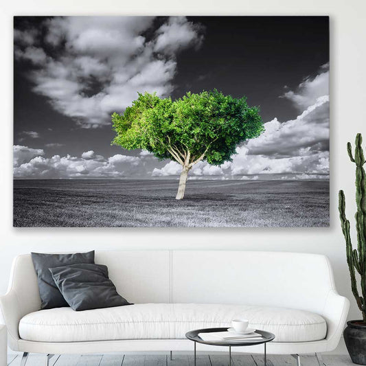 Floral print of Green Tree Horizon on a stretched canvas displayed in a room
