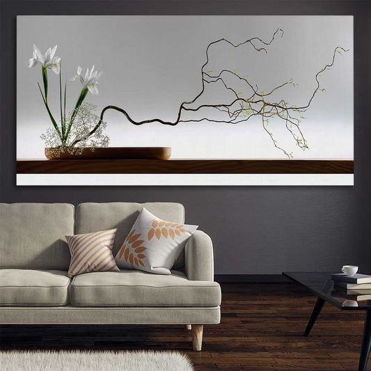 Floral print of Growing Ikebana on a stretched canvas displayed in a room