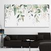 Floral print of Hanging Eucalyptus on a stretched canvas displayed in a room