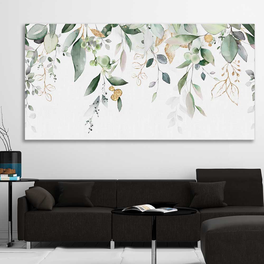 Floral print of Hanging Eucalyptus on a stretched canvas displayed in a room