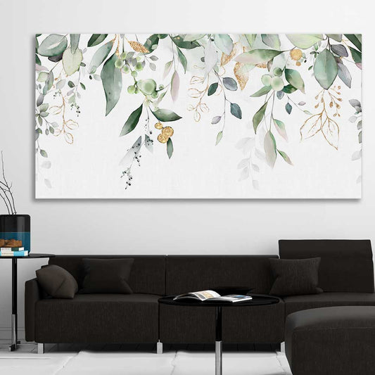 Floral print of Hanging Eucalyptus on a stretched canvas displayed in a room