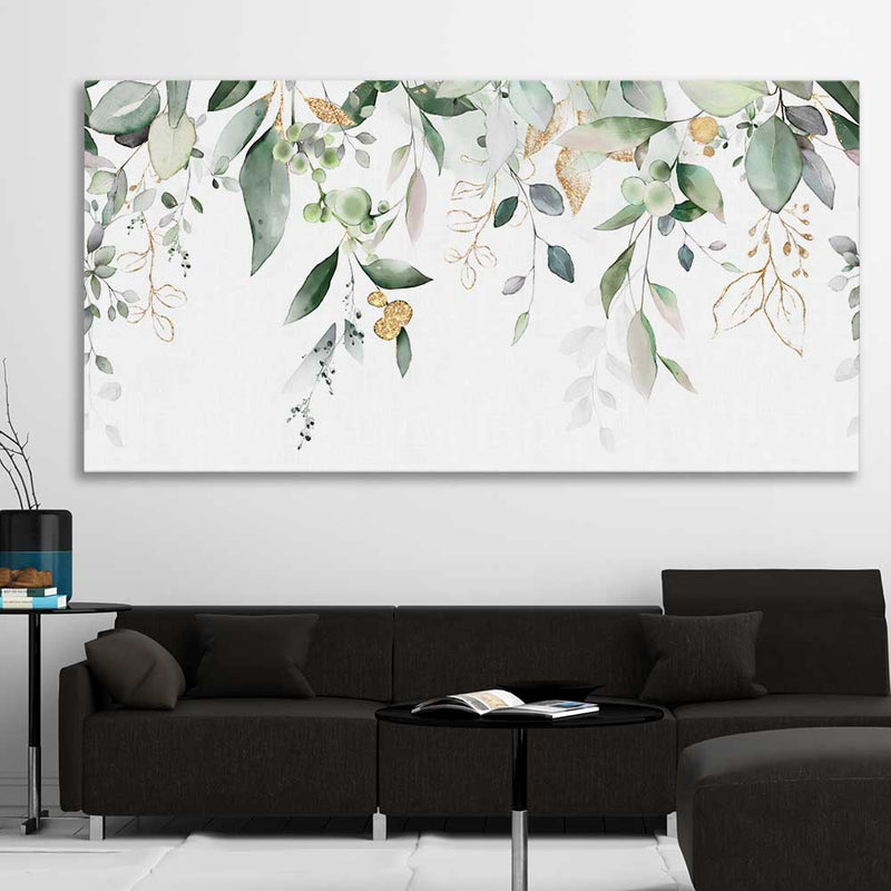 Floral print of Hanging Eucalyptus on a stretched canvas displayed in a roomcanvas in a styled room