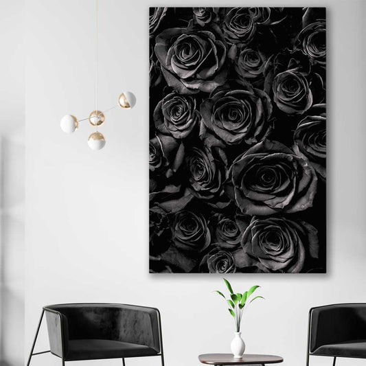 Floral print of Hidden Roses on a stretched canvas displayed in a room