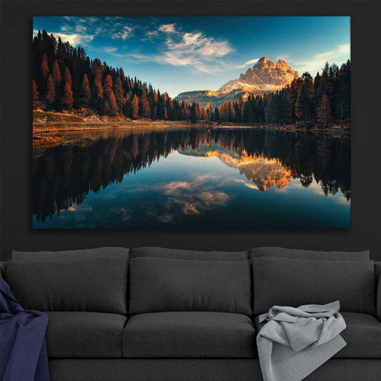 Floral print of Lago Antorno on a stretched canvas displayed in a room