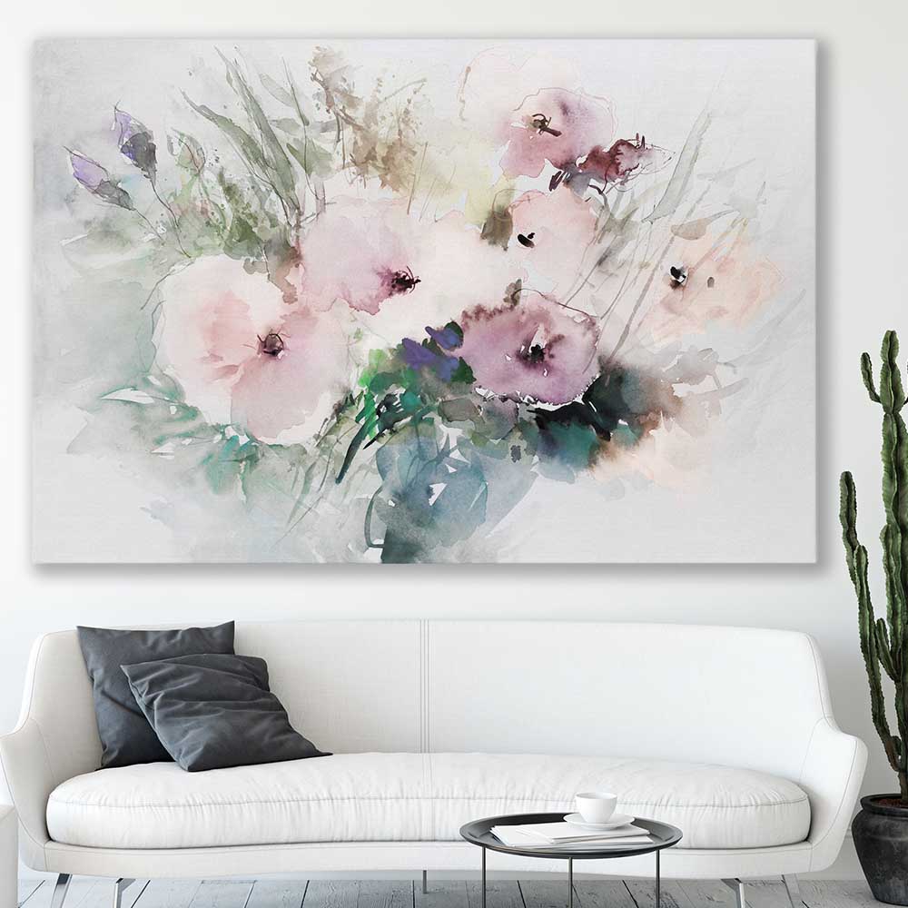 Floral print of Light Poppy Flowers on a stretched canvas displayed in a room