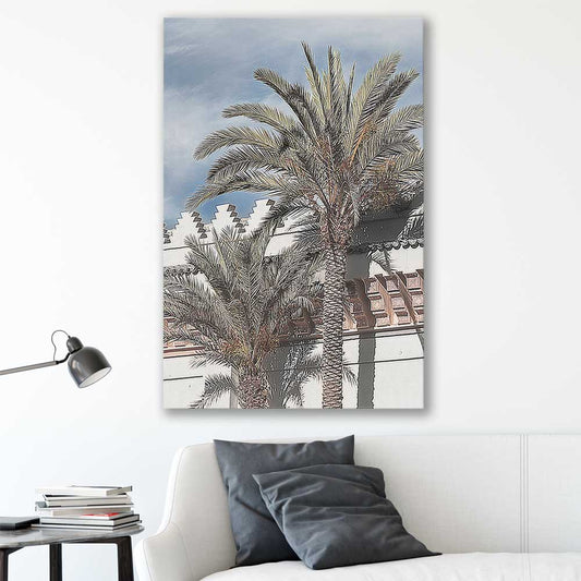Floral print of Marrakesh Palms on a stretched canvas displayed in a room