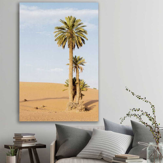 Floral print of Moroccan Palms on a stretched canvas displayed in a room