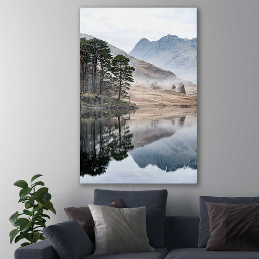 Floral print of Mountain Fog on a stretched canvas displayed in a room