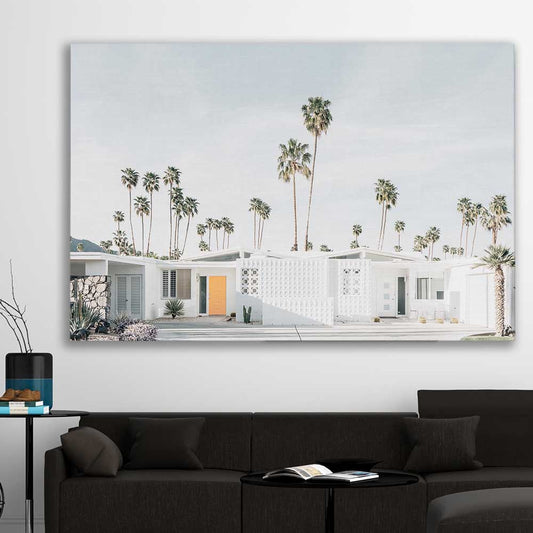 Floral print of Palm Springs on a stretched canvas displayed in a room
