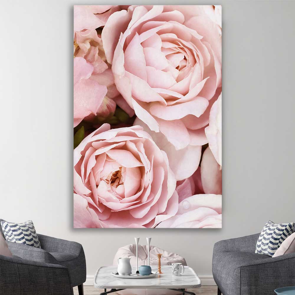 Floral print of Peony Pastel on a stretched canvas displayed in a room