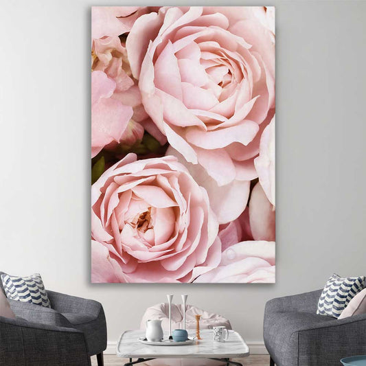 Floral print of Peony Pastel on a stretched canvas displayed in a room