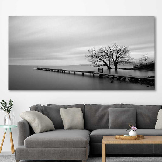 Floral print of Pier Silhouette on a stretched canvas displayed in a room