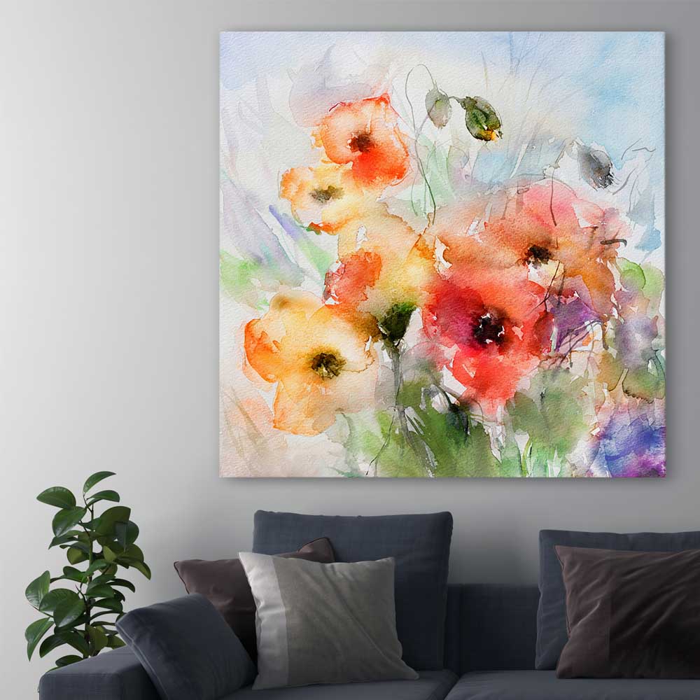 Floral print of Red Watercolour Poppies on a stretched canvas displayed in a room