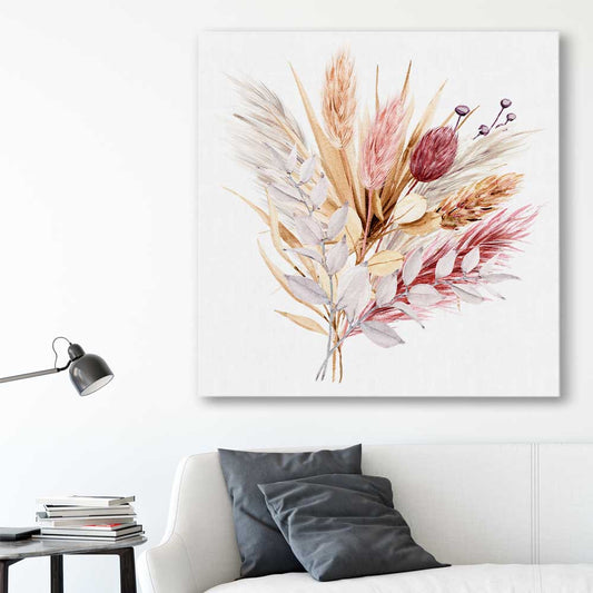 Floral print of Rustic Pampas on a stretched canvas displayed in a room