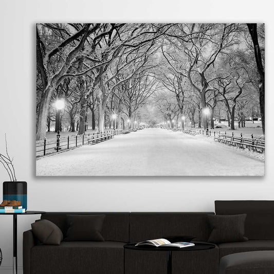 Floral print of Snowy Central Park on a stretched canvas displayed in a room