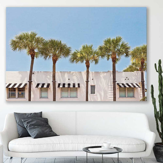 Floral print of South Miami Palms on a stretched canvas displayed in a room