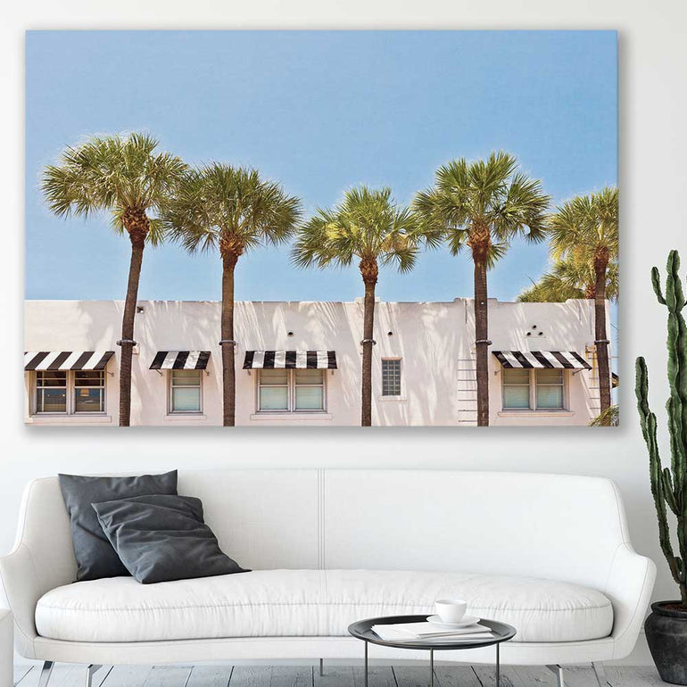Floral print of South Miami Palms on a stretched canvas displayed in a room