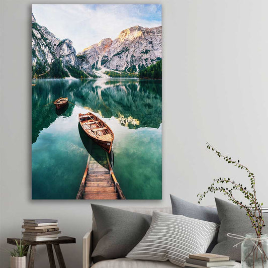 Floral print of Tranquil Lake on a stretched canvas displayed in a room