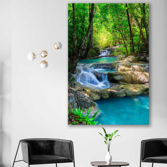 Floral print of Tropical Thailand Waterfall on a stretched canvas displayed in a room