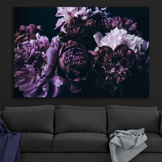 Floral print of Violet Peonies on a stretched canvas displayed in a room
